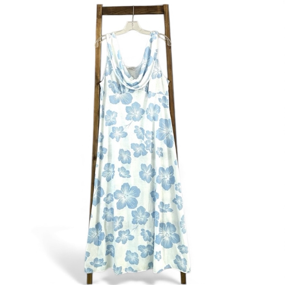 Vintage Vanity Fair Draped Neck Blue Tropical Floral Maxi Gown Fits Large